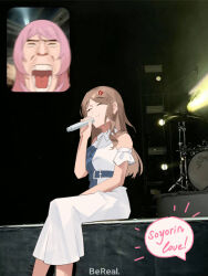 Rule 34 | 2girls, anger vein, bang dream!, bang dream! it&#039;s mygo!!!!!, brown hair, chihaya anon, chinese commentary, closed eyes, closed mouth, clothing cutout, commentary request, dress, fan screaming at madison beer (meme), holding, holding microphone, long hair, meme, microphone, multiple girls, nagasaki soyo, nightlemon, open mouth, pink hair, shoulder cutout, sidelocks, sitting, teeth, white dress