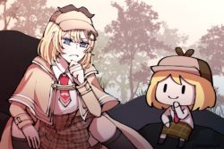 Rule 34 | 2girls, black socks, blonde hair, blue eyes, chibi, coat, forest, frown, hair ornament, hand on own chin, hat, hololive, hololive english, kneehighs, marvel, medium hair, meme, multiple girls, nature, necktie, onionyaa, pleated skirt, sitting, skirt, smile, smol ame, socks, spider-man: into the spider-verse, spider-man (series), spider-verse, virtual youtuber, watson amelia