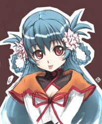 Rule 34 | 1girl, :p, blue hair, braid, braided hair rings, breasts, capelet, china (yogurting), cleavage, cleavage cutout, clothing cutout, flower, hair flower, hair ornament, hair rings, long hair, red eyes, ribbon, simple background, small breasts, solo, tongue, tongue out, turtleneck, twin braids, yogurting