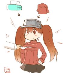 Rule 34 | &gt;:), 10s, 1girl, blush stickers, brown eyes, brown hair, hanomido, headgear, kantai collection, meme attire, open-chest sweater, ryuujou (kancolle), skirt, sweater, tissue, tissue box, twintails, v-shaped eyebrows