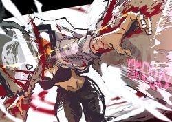 Rule 34 | 1girl, artist request, black pants, blood, blood on clothes, blood on face, blood on hands, blood spray, bloody weapon, breasts, chainsaw man, collared shirt, denji (chainsaw man), genderswap, genderswap (mtf), glowing, glowing eye, highres, hybrid, isaacchief300, medium breasts, midriff, pants, sharp teeth, shirt, solo, teeth, thick thighs, thighs, weapon, white background, white shirt