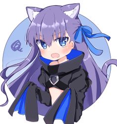 Rule 34 | 1girl, animal ear fluff, animal ears, blue eyes, blue ribbon, blush, cat ears, cat tail, chibi, cropped jacket, cropped torso, fate/grand order, fate (series), hair between eyes, hair ribbon, long hair, long sleeves, looking at viewer, meltryllis (fate), purple hair, rabiiandrain, ribbon, shirt, sleeves past fingers, sleeves past wrists, solo, squiggle, tail, very long hair, white shirt