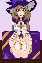 Rule 34 | 1girl, absurdres, barefoot, blush, breasts, cleavage, feet, foot focus, genshin impact, happy, highres, leaning forward, lisa (genshin impact), moaning, nail polish, sitting, smile, soles, spread legs, toe scrunch, toenail polish, toenails, toes