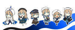 Rule 34 | 6+boys, alternate costume, alternate hairstyle, angry, apron, barefoot, blonde hair, captain nemo (fate), chibi, closed eyes, coat, doppelganger, dress, fate (series), feet, full body, grabbing, gradient background, hat, highres, long sleeves, mole, mole under mouth, multiple boys, nemo (fate), no-kan, sailor uniform, shirt, simple background, skirt, smile, striped clothes, striped shirt, twintails, vertical-striped clothes, vertical-striped shirt, walking
