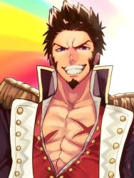 Rule 34 | 1boy, abs, beard, blue eyes, brown hair, collared jacket, cross scar, epaulettes, facial hair, fate/grand order, fate (series), gold trim, high collar, highres, jacket, long sideburns, looking at viewer, male focus, military, military uniform, muscular, napoleon bonaparte (fate), necktie, open clothes, open jacket, pectoral cleavage, pectorals, portrait, scar, sideburns, simple background, smile, solo, spiked hair, tbm fate, teeth, uniform, v-shaped eyebrows