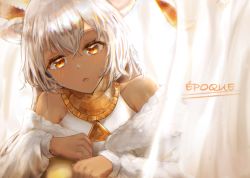 Rule 34 | 1girl, :o, absurdres, alternate eye color, animal ears, arknights, bad id, bad pixiv id, bare shoulders, beeswax (arknights), beeswax (weisser sand) (arknights), blush, curtains, dark-skinned female, dark skin, eyebrows hidden by hair, goat ears, goat girl, goat horns, hachiko (0088), highres, horns, jacket, long hair, long sleeves, off shoulder, official alternate costume, open clothes, open jacket, open mouth, red eyes, silver hair, solo, white jacket
