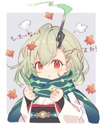 Rule 34 | 1girl, angry, blush, chibi, clenched hands, closed mouth, flower, green hair, hair ornament, hairclip, japanese clothes, kimono, kina (446964), little match girl (sinoalice), looking at viewer, pouty lips, red eyes, scarf, sinoalice, sketch, smoke, solo
