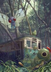 Rule 34 | abandoned, absurdres, antennae, black eyes, butterfree, caterpie, commentary request, creatures (company), day, evolutionary line, fangs, flying, forest, game freak, gen 1 pokemon, grass, highres, king joe (neoroto), leaf, metapod, nature, nintendo, no humans, outdoors, overgrown, plant, pokemon, pokemon (creature), red eyes, train, tree