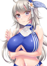 Rule 34 | 1girl, absurdres, ahoge, bikini, blue bikini, blue hairband, breasts, grey eyes, hairband, highres, kantai collection, large breasts, long hair, navel, official alternate costume, ruin re birth, silver hair, smile, solo, swimsuit, upper body, washington (kancolle)