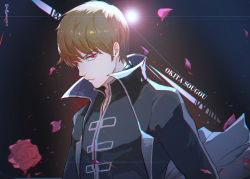 Rule 34 | 1boy, 2019, bad id, bad pixiv id, black jacket, brown hair, character name, closed mouth, dated, flower, gintama, glorenia, highres, jacket, long sleeves, looking at viewer, male focus, okita sougo, petals, red eyes, red flower, red rose, rose, smile, smug, solo