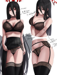 Rule 34 | 1girl, absurdres, bare shoulders, black choker, black hair, black wings, blue archive, blush, bra, breasts, choker, cleavage, garter belt, hair between eyes, halo, hasumi (blue archive), highres, lace, lace-trimmed bra, lace-trimmed legwear, lace-trimmed panties, lace trim, large breasts, long hair, long skirt, looking at viewer, mole, mole under eye, multiple views, navel, panties, red eyes, skirt, stomach, thighs, translation request, underwear, very long hair, white background, wings, yamikyon