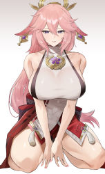 Rule 34 | 1girl, absurdres, animal ears, bare shoulders, blush, breasts, earrings, floppy ears, fox ears, genshin impact, hair ornament, highres, japanese clothes, jewelry, kataku musou, large breasts, long hair, looking at viewer, necklace, pendant, pink hair, purple eyes, red skirt, sidelocks, simple background, sitting, skirt, sleeveless, solo, thighs, very long hair, wariza, white background, yae miko