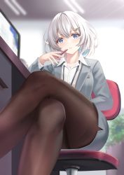 Rule 34 | 1girl, absurdres, arikawa rui, blue eyes, blurry, blurry background, blush, brown pantyhose, collared shirt, commentary request, crossed legs, depth of field, desk, eyelashes, fortissimo, grey jacket, hair ornament, hand up, highres, holding, holding pen, indoors, jacket, legs, long sleeves, looking at viewer, monitor, musical note, musical note hair ornament, office, office lady, on chair, original, pantyhose, parted lips, pen, pencil skirt, shirt, short hair, skirt, solo, suit jacket, white hair, white shirt