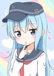 Rule 34 | 10s, 1girl, bad id, bad pixiv id, black hat, blue eyes, blue hair, blush, collarbone, finger to mouth, hat, heart, hibiki (kancolle), kantai collection, kurea (a114019), looking at viewer, neckerchief, parted lips, red neckerchief, solo, upper body