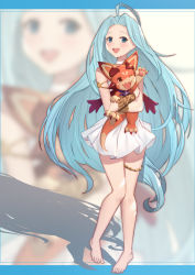 Rule 34 | 1girl, :d, ;d, ahoge, bare shoulders, barefoot, blue eyes, blue hair, brown eyes, choker, dragon, dress, forehead, granblue fantasy, hair intakes, highres, long hair, lyria (granblue fantasy), one eye closed, open mouth, parted bangs, pleated dress, shadow, sleeveless, sleeveless dress, smile, standing, uneg, very long hair, vyrn (granblue fantasy), white choker, white dress, zoom layer
