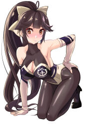 Rule 34 | 1girl, all fours, anchor symbol, armpit crease, armpits, azur lane, black hair, bow, breasts, brown eyes, cleavage cutout, clothing cutout, commentary request, elbow gloves, gloves, hair bow, hair flaps, highres, large breasts, logo, long hair, looking at viewer, multicolored leotard, pantyhose, ponytail, race queen, revision, simple background, solo, takao (azur lane), takao (full throttle charmer) (azur lane), two-tone leotard, very long hair, white background, white bow, white gloves, yamagami mozuku