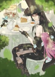 Rule 34 | 1other, 2girls, black hair, cup, fingerless gloves, gloves, green hair, guilty gear, hat, highres, multiple girls, pink hair, red eyes, succubus familiar, table, teacup, testament (guilty gear), top hat, udakyo