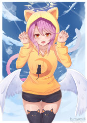 Rule 34 | 1girl, angel, angel wings, animal ear legwear, animal ears, animal print, artist name, blue sky, breasts, cat ear legwear, cat ears, cat girl, cat print, cat tail, cleavage, cloud, commentary, commission, spiked halo, english commentary, fang, feathered wings, halo, highres, hood, hoodie, jibril (no game no life), kuroyamii, large breasts, long hair, looking at viewer, low wings, magic circle, multicolored eyes, no game no life, open mouth, orange eyes, paw pose, pink hair, short shorts, shorts, sky, smile, solo, tail, thighhighs, white wings, wings, yellow eyes, zettai ryouiki