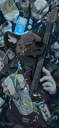 Rule 34 | 1boy, absurdres, aggressive retsuko, alcohol, animal ears, beer, beer can, can, clutter, collarbone, drink can, furry, furry male, guitar, haida (aggretsuko), half-closed eyes, highres, holding, holding can, holding instrument, hyena, hyena ears, indoors, instrument, jacket, leather, leather jacket, looking at viewer, lying, on back, on floor, opening can, parted lips, sharp teeth, shirt, smile, spilling, teeth, vetiver