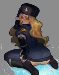 Rule 34 | 1girl, ass, black gloves, black thighhighs, blonde hair, blue eyes, boots, capcom, coat, dancho no mori, eyebrows, eyelashes, female focus, fur hat, fur trim, gloves, grey background, hand on own ass, hand on own head, hat, highres, ice, kneeling, kolin, lips, long hair, panties, parted lips, simple background, solo, street fighter, street fighter v, sweat, sweatdrop, thick lips, thick thighs, thighhighs, thighs, underwear, ushanka, wavy hair, white panties, wide hips, winter clothes, winter coat, zettai ryouiki