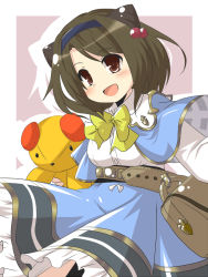 Rule 34 | 10s, 1girl, animal ears, bag, belt, bow, breasts, brown hair, cat ears, child, commentary request, draph, dress, goma (gomasamune), granblue fantasy, hair bobbles, hair bow, hair ornament, looking at viewer, md5 mismatch, oppai loli, outstretched arm, shawl, short hair, smile, solo, stuffed animal, stuffed toy, teddy bear, text focus, translation request, yaia (granblue fantasy)