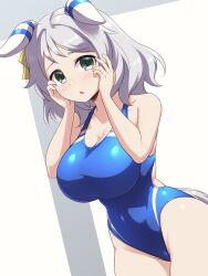 Rule 34 | 1girl, alternate costume, animal ears, backless swimsuit, blue eyes, blue one-piece swimsuit, breasts, chestnut mouth, cleavage, cowboy shot, ear covers, ear ornament, ears down, grey hair, highleg, highleg swimsuit, highres, hishi miracle (umamusume), horse ears, horse girl, horse tail, large breasts, looking at viewer, one-piece swimsuit, pataneet, short hair, simple background, solo, swimsuit, tail, umamusume, white background
