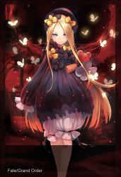 Rule 34 | 1girl, abigail williams (fate), animal, black bow, black dress, black hat, blonde hair, bloomers, blue eyes, blush, bow, bug, butterfly, closed mouth, commentary request, copyright name, dress, fate/grand order, fate (series), hair bow, hands in opposite sleeves, hat, heterochromia, highres, holding, holding stuffed toy, insect, long hair, long sleeves, looking at viewer, noose, orange bow, parted bangs, pink eyes, polka dot, polka dot bow, red background, renka (renkas), rope, smile, solo, stuffed animal, stuffed toy, teddy bear, tree, underwear, v-shaped eyebrows, very long hair, walking, white bloomers
