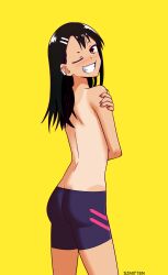 Rule 34 | 1girl, artist name, ass, asymmetrical bangs, bike shorts, black hair, blush, brown eyes, covering breasts, covering privates, dimples of venus, earclip, feet out of frame, female focus, from behind, gluteal fold, grin, hair ornament, hairclip, highres, ijiranaide nagatoro-san, long hair, looking at viewer, nagatoro hayase, nail polish, one-piece tan, one eye closed, red nails, simple background, smile, solo, standing, szmitten, tan, tanline, teeth, topless, yellow background