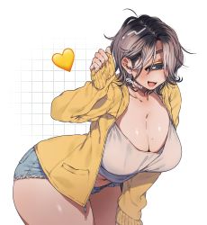 Rule 34 | 1girl, absurdres, arm support, artist name, blush, breasts, character request, cleavage, collarbone, commentary, cyclops, denim, denim shorts, fang, gradient hair, grid background, hair over one eye, hand on own thigh, heart, highres, jacket, long sleeves, medium hair, midriff peek, mole, mole on breast, mole on cheek, mole on stomach, multicolored hair, muroku (aimichiyo0526), navel, no nose, one-eyed, open mouth, pocket, shadow, short shorts, shorts, solo, symbol-only commentary, tagme, thick thighs, thighs, twitter username, white background, yellow jacket, zipper, zipper pull tab