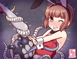 Rule 34 | 1girl, abyssal ship, alternate costume, animal ears, artist logo, bare shoulders, black bow, black bowtie, blush, bow, bowtie, brown eyes, brown hair, clenched teeth, dated, detached collar, enemy naval mine (kancolle), grey pantyhose, kanon (kurogane knights), kantai collection, leotard, nose blush, one eye closed, pantyhose, playboy bunny, rabbit ears, red leotard, short hair, teeth, tentacles, torn clothes, torn pantyhose, trembling, wince, wrist cuffs, z3 max schultz (kancolle)