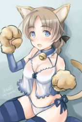 Rule 34 | 1girl, animal ears, animal hands, artist name, babydoll, bad id, bad twitter id, bell, black ribbon, blue eyes, blue panties, blue shirt, blue thighhighs, braid, breasts, brown hair, camisole, cat ears, cat tail, cleavage, collar, gloves, hair ribbon, haruhata mutsuki, kemonomimi mode, long hair, looking at viewer, lynette bishop, medium breasts, neck bell, open mouth, panties, parted bangs, parted lips, paw gloves, ribbon, shirt, side-tie panties, signature, single braid, sitting, smile, solo, strike witches, striped clothes, striped thighhighs, tail, thighhighs, twitter username, underwear, underwear only, wariza, world witches series