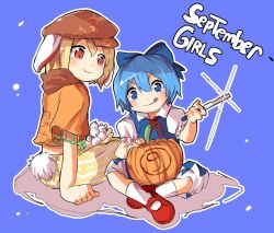 Rule 34 | 2girls, :q, :t, animal ears, blonde hair, blue background, blue dress, blue eyes, blue hair, carving, circled 9, cirno, crop top, crossed legs, dango, dress, english text, floppy ears, food, glint, hat, indian style, kapiten70, knife, looking at another, looking at viewer, mary janes, multiple girls, orange eyes, rabbit ears, rabbit tail, ringo (touhou), shoes, short sleeves, shorts, sitting, smile, socks, striped clothes, striped shorts, tail, tongue, tongue out, touhou, v-shaped eyebrows, wagashi, white legwear