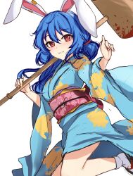 Rule 34 | 1girl, alternate costume, ambiguous red liquid, animal ears, blue hair, blue kimono, highres, holding, japanese clothes, kimono, kine, looking at viewer, mallet, medium hair, orchid (orukido), parted lips, rabbit ears, rabbit girl, red eyes, sash, seiran (touhou), simple background, socks, solo, touhou, white background, white socks