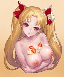 Rule 34 | 1girl, blonde hair, breast hold, breasts, closed mouth, collarbone, commentary request, cream, cropped torso, ereshkigal (fate), fate/grand order, fate (series), fengyin shici guozi, food, food on body, food on breasts, fruit, gradient background, head tilt, highres, large breasts, long hair, looking at viewer, nipples, nude, parted bangs, red hair, solo, strawberry, two side up, upper body, very long hair, yellow background