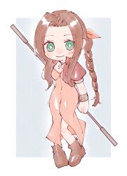 Rule 34 | 1girl, aerith gainsborough, arms behind back, bangle, blush, boots, border, bracelet, braid, braided ponytail, breasts, brown footwear, center opening, chibi, choker, closed mouth, cropped jacket, dress, final fantasy, final fantasy vii, full body, green eyes, grey background, hair ribbon, highres, holding, holding staff, jacket, jewelry, long dress, long hair, looking at viewer, medium breasts, nitoya 00630a, parted bangs, pink dress, pink ribbon, puffy short sleeves, puffy sleeves, red jacket, ribbon, ribbon choker, short sleeves, sidelocks, single braid, smile, solo, staff, white border