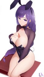 Rule 34 | 1girl, absurdres, animal ears, braid, breasts, bridal gauntlets, carrot, commentary request, covered navel, fake animal ears, fake tail, genshin impact, hand on own chest, highres, large breasts, leotard, long hair, looking at viewer, nail polish, open mouth, playboy bunny, purple eyes, purple hair, rabbit ears, rabbit tail, raiden shogun, shrug (clothing), simple background, sitting, solo, tail, ultra-13, white background