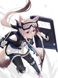 Rule 34 | 1girl, :o, animal ear fluff, animal ears, arknights, black jacket, black legwear, blue shorts, boots, brown hair, cardigan (arknights), commentary, dog ears, dog girl, dog tail, english commentary, gloves, goggles, goggles on head, hair between eyes, highres, holding, holding knife, holding shield, jacket, knee pads, knife, multicolored hair, pink footwear, ponytail, purple eyes, shield, shirt, shorts, simple background, solo, streaked hair, tail, wagachop, white background, white gloves, white shirt