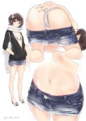 Rule 34 | 10s, 1girl, 2017, ama mitsuki, ass, bare legs, barefoot, blurry, breasts, brown eyes, brown hair, casual, clothes pull, commentary, contemporary, covering privates, covering ass, cutoffs, dated, denim, denim skirt, from behind, full body, hair between eyes, hair ornament, hands in pockets, hood, hooded track jacket, jacket, kantai collection, lips, looking at viewer, miniskirt, multiple views, navel, panties, pantyshot, parted lips, scarf, sendai (kancolle), shuriken, shuriken hair ornament, skirt, skirt pull, sleeves rolled up, small breasts, standing, thighs, track jacket, underwear, unzipped, weapon, white panties, white scarf