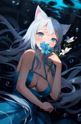 Rule 34 | 1girl, air bubble, animal ear fluff, animal ears, bare arms, bare shoulders, blue dress, blue eyes, blue flower, breasts, bubble, cat ears, cleavage, collarbone, commentary, covered mouth, dress, english commentary, flower, grey hair, highres, holding, holding flower, long hair, looking at viewer, medium breasts, nami (nyaa), original, solo, underwater, very long hair, white flower