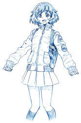 Rule 34 | 10s, 1girl, akiyama yukari, bbb (friskuser), blue theme, carrying, commentary request, girls und panzer, gun, handgun, holster, jacket, kneehighs, knees together feet apart, looking at viewer, miniskirt, monochrome, outstretched arms, patch, pistol, shoulder carry, simple background, sketch, skirt, smile, socks, solo, spread arms, weapon, white background