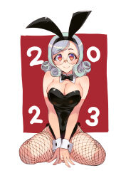 Rule 34 | 1girl, 2023, absurdres, animal ears, bare shoulders, black bow, black bowtie, black leotard, blush, bow, bowtie, breasts, chinese zodiac, cleavage, closed mouth, commentary request, detached collar, fake animal ears, fishnet pantyhose, fishnets, glasses, highres, kusanagi tonbo, large breasts, leotard, lips, looking at viewer, original, pantyhose, playboy bunny, rabbit ears, red background, simple background, sitting, smile, solo, strapless, strapless leotard, wariza, white background, wrist cuffs, year of the rabbit