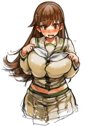 Rule 34 | 10s, 1girl, alternate breast size, blush, breasts, brown eyes, brown hair, cowboy shot, jewelry, kantai collection, large breasts, long hair, midriff, ooi (kancolle), open mouth, remodel (kantai collection), ring, sachito, school uniform, simple background, skirt, solo, sweatdrop, uniform, wedding band, white background