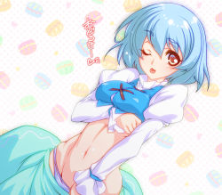 Rule 34 | 1girl, blue hair, blush, breasts, clothes lift, clothes pull, dutch angle, ebiten g-san, heart, long sleeves, looking at viewer, medium breasts, midriff, navel, one eye closed, panties, polka dot, polka dot background, puffy sleeves, red eyes, shirt, shirt lift, short hair, skirt, skirt pull, smile, solo, tatara kogasa, text focus, tongue, tongue out, touhou, translation request, underwear, vest