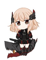 Rule 34 | 1girl, armored boots, azur lane, bailingxiao jiu, black footwear, black gloves, black jacket, black skirt, blush stickers, boots, brown eyes, chibi, closed mouth, cross, dress shirt, gloves, glowing, grey shirt, hair between eyes, hands up, headgear, heart, heart-shaped pupils, iron cross, jacket, knee boots, light brown hair, long hair, long sleeves, looking at viewer, pleated skirt, roon (azur lane), shirt, simple background, skirt, smile, solo, standing, symbol-shaped pupils, white background