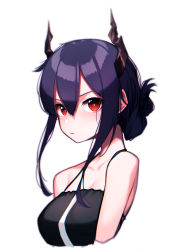 Rule 34 | 1girl, absurdres, arknights, beudelb, bikini, black bikini, blue hair, breasts, ch&#039;en (arknights), collarbone, commentary, cropped arms, cropped torso, dragon horns, folded ponytail, hair between eyes, highres, horns, korean commentary, long hair, looking at viewer, medium breasts, portrait, red eyes, sidelocks, simple background, swimsuit, white background