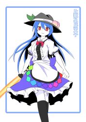 Rule 34 | 1girl, black headwear, black thighhighs, blouse, blue hair, blue skirt, bow, bowtie, center frills, closed mouth, food, frills, fruit, hair between eyes, highres, hinanawi tenshi, holding, holding sword, holding weapon, leaf, long hair, looking at viewer, one-hour drawing challenge, peach, puffy short sleeves, puffy sleeves, rainbow order, red bow, red bowtie, red eyes, shirt, short sleeves, skirt, smile, solo, standing, sword, sword of hisou, terutema, thighhighs, touhou, v-shaped eyebrows, weapon, white background, white shirt