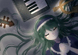 Rule 34 | 1girl, absurdres, blue dress, blue hairband, closed eyes, closed mouth, collared dress, commentary request, dress, eyelashes, frilled hairband, frills, gin koucha, green hair, hairband, highres, instrument, interlocked fingers, layla prismriver, lolita hairband, long hair, lying, own hands clasped, own hands together, palms together, piano, praying, smile, touhou, trumpet, violin