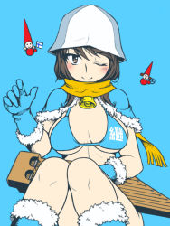 Rule 34 | 1girl, ;), bell, bikini, blue background, blue bikini, blue capelet, blue footwear, blue gloves, blue hat, blue santa costume, boots, breasts, brown eyes, brown hair, capelet, christmas, closed mouth, commentary, emblem, finnish flag, fringe trim, fur-trimmed capelet, fur-trimmed footwear, fur-trimmed gloves, fur trim, girls und panzer, gloves, hat, holding, holding instrument, instrument, kantele, long hair, looking at viewer, medium breasts, mika (girls und panzer), one eye closed, oosaka kanagawa, orange scarf, santa costume, scarf, simple background, sitting, smile, solo, swimsuit, waving