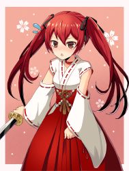 Rule 34 | 1girl, alternate costume, black ribbon, detached sleeves, fire emblem, fire emblem awakening, fire emblem fates, hair ribbon, hakama, highres, holding, holding sword, holding weapon, japanese clothes, kimono, long hair, miko, nintendo, open mouth, red eyes, red hair, ribbon, severa (fire emblem), shira yu ki, solo, sword, twintails, weapon, wide sleeves