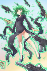Rule 34 | 1girl, aqua eyes, black dress, blush, closed mouth, covered navel, dress, flats, flipped hair, floating, floating object, frown, full body, gradient background, green hair, gun, highres, legs apart, long sleeves, nyan (themare), one-punch man, rifle, short hair, solo, tatsumaki, telekinesis, too many, too many weapons, weapon